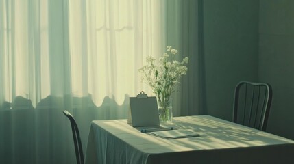 Minimalist Table with Empty Clipboard and Flowers