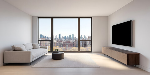 Modern living room with city skyline view in bright daytime sunlight