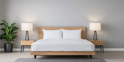 Modern bedroom interior featuring a wooden bed, two lamps, and greenery in a bright space