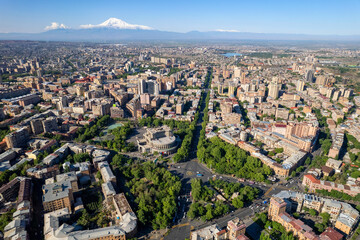 Drone view of central part of Yerevan and Mount Ararat on sunny spring day. Armenia.