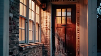 The front door stands open, casting light onto the porch, suggesting a hurried exit amidst the quietness of night