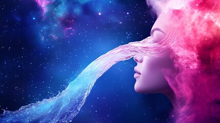 Aquarius pouring water into the cosmos, dreamy and ethereal