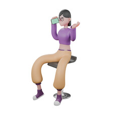3D Dance Star Cartoon. A female dancer sits with a smartphone on her ear talking while looking forward. Performer Design