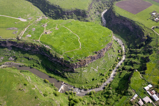 Aerial view of Lori Fortress and Dzoraget river canyon on sunny spring day. Lori Province, Armenia.