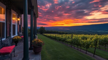 Obraz premium Scenic Vineyard Sunset Overlooking Rolling Hills