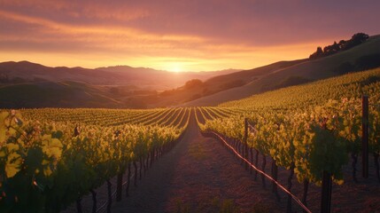 Naklejka premium Serene Sunset Over Lush Vineyard Landscape