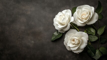 Three elegant white roses on a textured dark background, showcasing natural beauty.