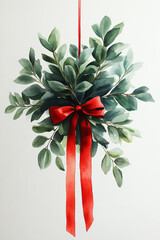 watercolor illustration of hanging mistletoe with red ribbon, white background,