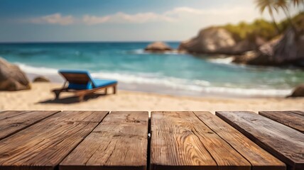 Fototapeta premium Empty wooden table on blur background of beautiful beach for mockup summer product display or travel ad. Picnic table with customizable space on table-top for editing.