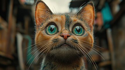  Close-up of Cat with Large Green Eyes in Urban Outdoor Setting