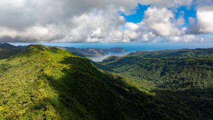 magnificent aerial view of the AAKAPA valley on the island of NUKU HIVA in the Marquesas archipelago in French Polynesia

