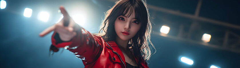 A Woman in a Red Leather Jacket Poses Under Stage Lights
