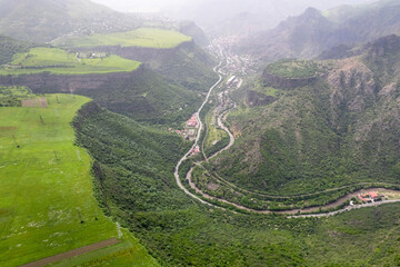 Aerial view of Debed river canyon near by Alaverdi town on sunny spring day. Lori Province, Armenia.