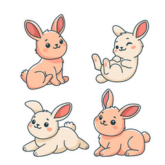 Set of cute rabbits or bunnies in different poses. Flat isolated vector illustration on white background