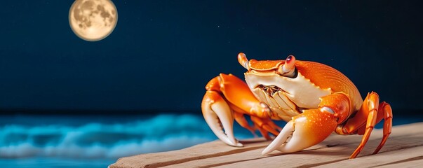 Cancer crab near moonlit waves, caring and gentle