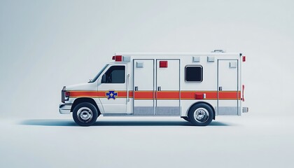 A side view of a white ambulance with red and blue markings, designed for emergency medical services.