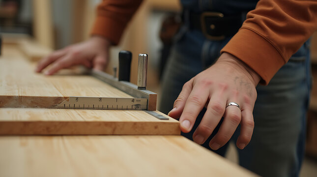 Vue d'un menuisier mesurant une planche de bois