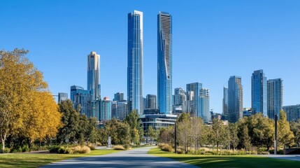 Obraz premium Modern City Skyline with Green Park Landscape