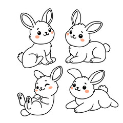 Set of cute rabbits or bunnies in different poses. Flat isolated vector illustration on white background