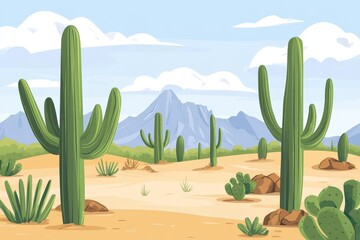 A picturesque desert landscape featuring towering cacti and a distant mountain range.