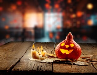 Scary glowing Halloween pumpkin in mystical house