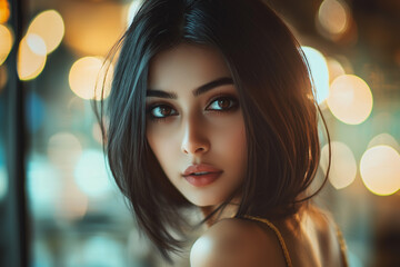an attractive Indian woman, with shoulder-length straight dark hairs with highlights , beautiful brown eyes