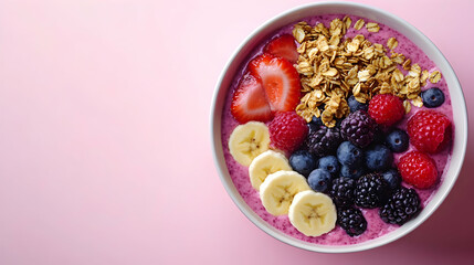 A Close-Up View of a White Bowl Filled with a Pink Smoothie, Topped with Fresh Berries, Banana Slices, and Granola, on a Pink Background