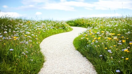 Obraz premium A winding pathway through a vibrant field of flowers under a blue sky.