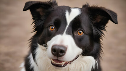 Fototapeta premium A close up portrait of a smiling border collie with pink background,