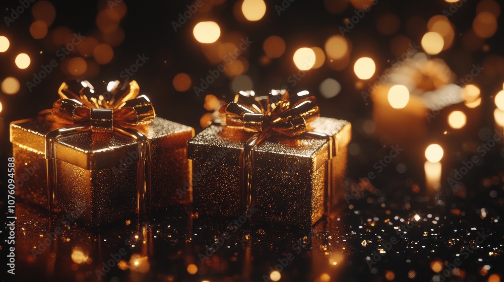 Poster two golden boxes with bows on them are on a dark background