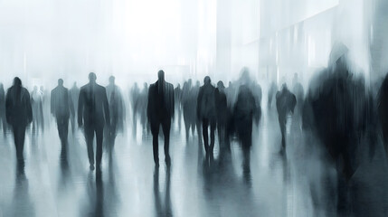 crowd of anonymous Blurred people walking in a modern environment