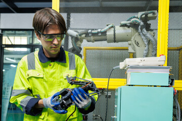 automation machine engineer students study and inspection control robot arm machine in robotics...