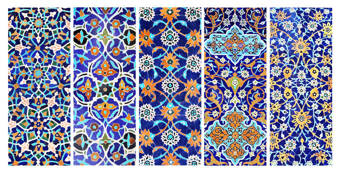 Set of vertical or horizontal banners with detail of ancient mosaic walls with floral and geometric ornaments. Collection of backgrounds with traditional iranian tile decorations