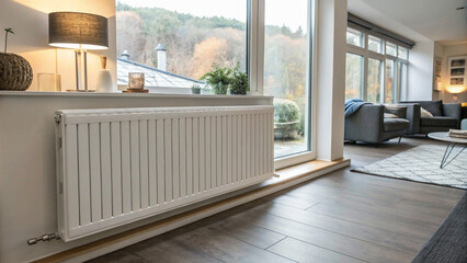 radiator.A Modern White Radiator Beneath a Large Window, Providing Central Heating in a Stylish Living Room