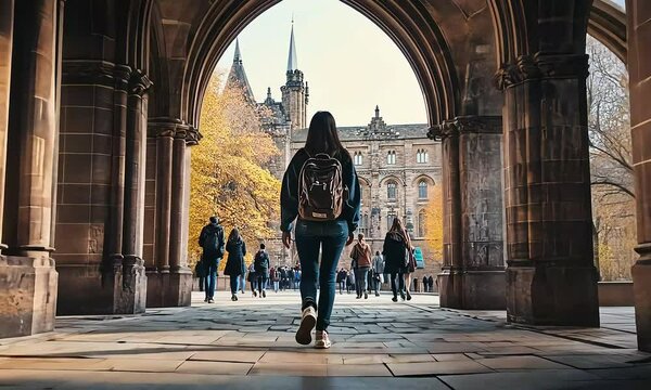 Student Walking Under Gothic Archway on Campus with ai generated.
