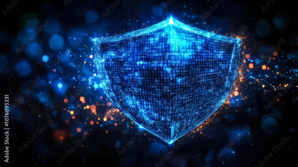 Poster digital shield with binary code: ai security defense system and threat detection