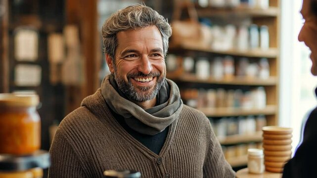 A business owner is at a store with his employees, and they are chatting amiably.