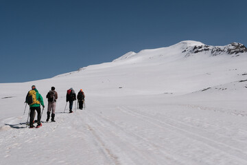 Group of tourists climb up Mount Aragats cowered with snow on sunny spring day. Armenia.