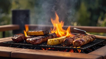 The wooden brown table top with blur background barbecue BBQ grill with flaming fire and ember charcoal  . Fresh and Relax concept. high quality, 8K Ultra Hd