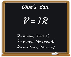 Ohm's Law Formula on a black chalkboard. Education. Science. Formula. Vector illustration.