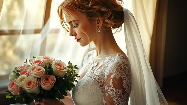 A lovely bride in a white bridal gown preparing for the nuptials.