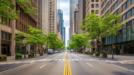 City Street with Tall Buildings and Green Trees