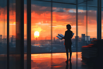 Fototapeta premium 窓辺で書類を手に持つ女性、夕焼けに染まる空