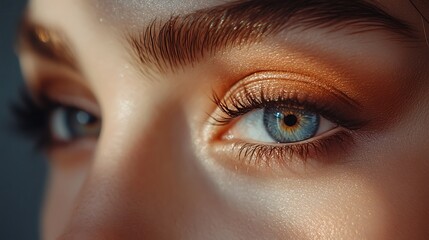 Fototapeta premium A close-up of a girl applying and blending eyeshadow with a smoky effect, neutral background enhancing focus, even studio lighting for natural glow, hd resolution, realistic detail,