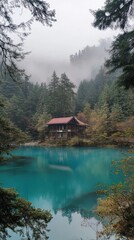 Fototapeta premium Photograph of a turquoise lake in the foreground, a forest with tall trees on one side, and a small house with dark windows and a red roof on the other side, in a foggy setting. 