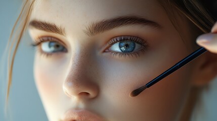 A close-up of a girl perfecting her brows with a pencil, neutral background for clarity, soft shadows adding depth, hd quality, lifelike detail, focused gaze, professional beauty photography,
