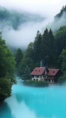 Fototapeta premium a turquoise lake in the foreground, a forest with tall trees on one side, and a small house with dark windows and a red roof on the other side, in a foggy setting. 