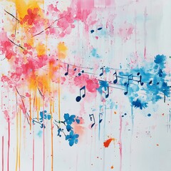 Abstract watercolor splash with musical notes and flowers. Create an artistic background for your design or print on a t-shirt.