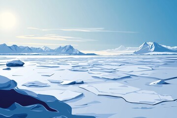 A vast, icy landscape with broken ice floes and snow-capped mountains in the distance. The sun shines brightly in the clear sky.