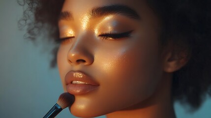 Fototapeta premium A girl applying highlighter on her cheekbones with a makeup brush, neutral backdrop, soft light enhancing the glow, hd quality, realistic skin texture, professional beauty shot, clear detail,